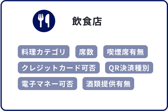 飲食店 料理カテゴリ 席数 喫煙席有無 クレジットカード可否 QR決済種別 電子マネー可否 酒類提供有無