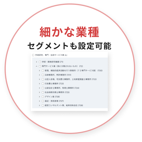 細かな業種セグメントも設定可能