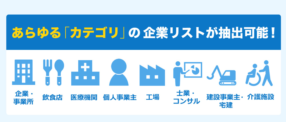 あらゆる「カテゴリ」の企業リストが抽出可能！企業・事業所 飲食店 医療機関 個人事業主 工場 士業・
コンサル 建設事業主・宅建 介護施設